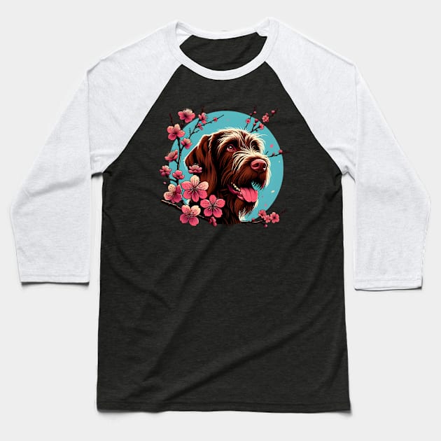 Wirehaired Pointing Griffon Joy in Spring with Cherry Blossoms and Flowers Baseball T-Shirt by ArtRUs